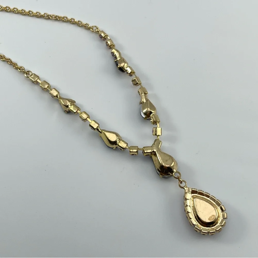Stunning Gold Tone Purple & Blue Crystal Teardrop Statement Necklace